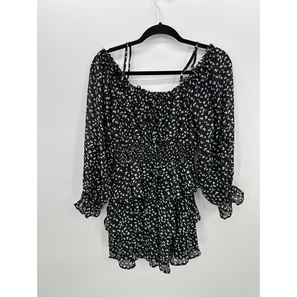 Black Floral Cottagecore Mini Dress Sz L Ruffle Peasant Feminine Boho Picnic